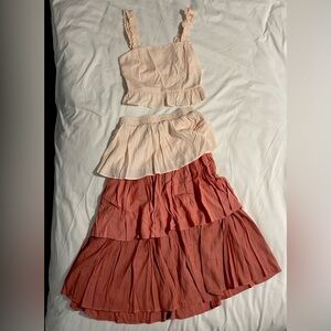 Matching top & skirt set, ruffled midi skirt. Elastic waist band, size MEDIUM.